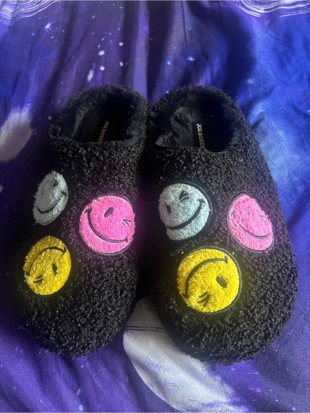 Joe Boxer Black Fuzzy Slippers with Pink, Yellow, and Light Blue Smiley Faces